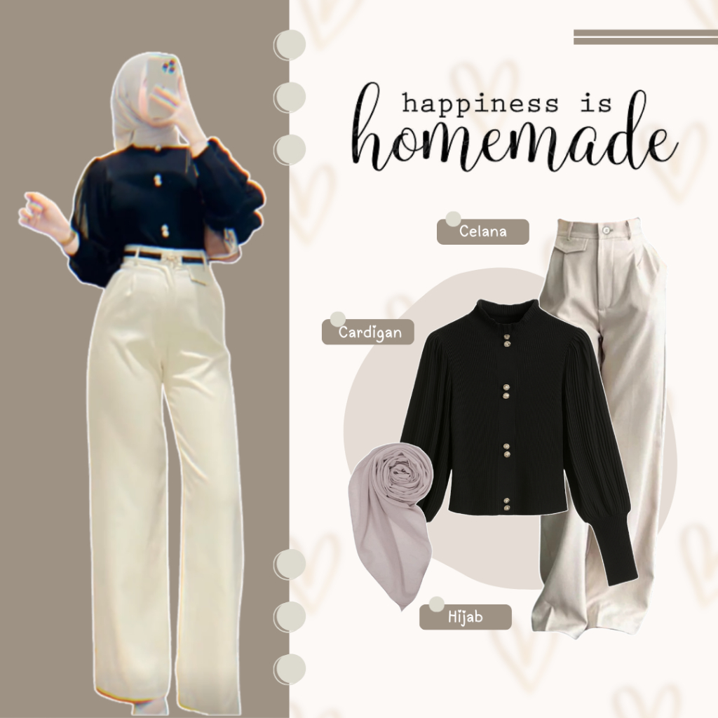 Satu Set Outfit Wanita Lucu Kekinian | Cardigan Rajut, Celana Knit, Hijab | OOTD Ft Trendy - SN116N