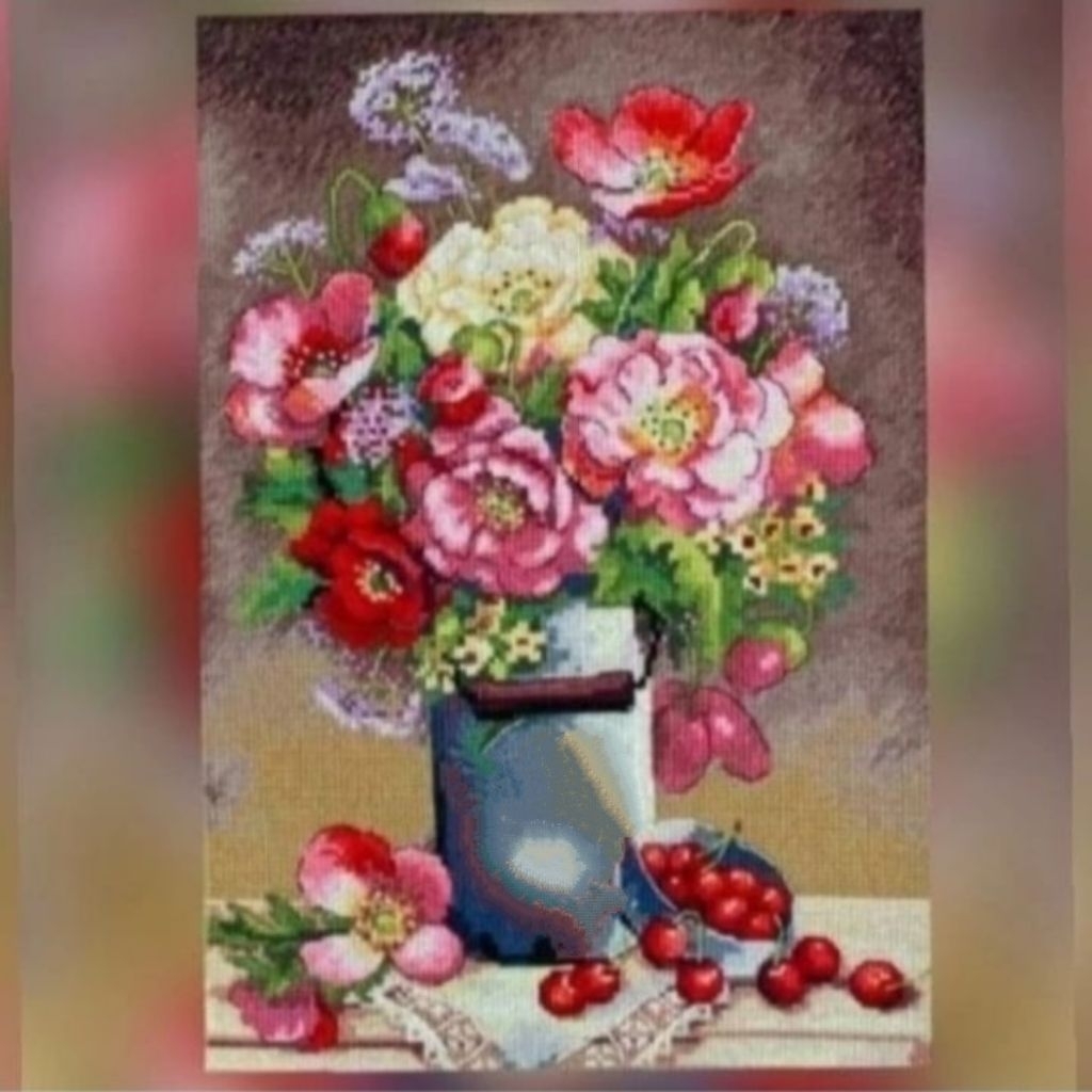 DIY CROSS STITCH buah ceri dan bunga paket kristik pola kain 14ct