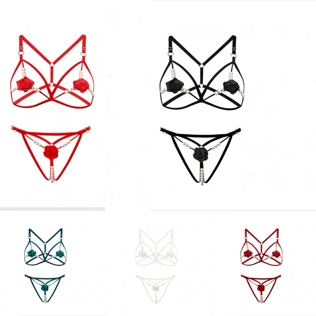 Lingerie Set Bikini Sexy Open Crotch Bra G String Wanita 3B063