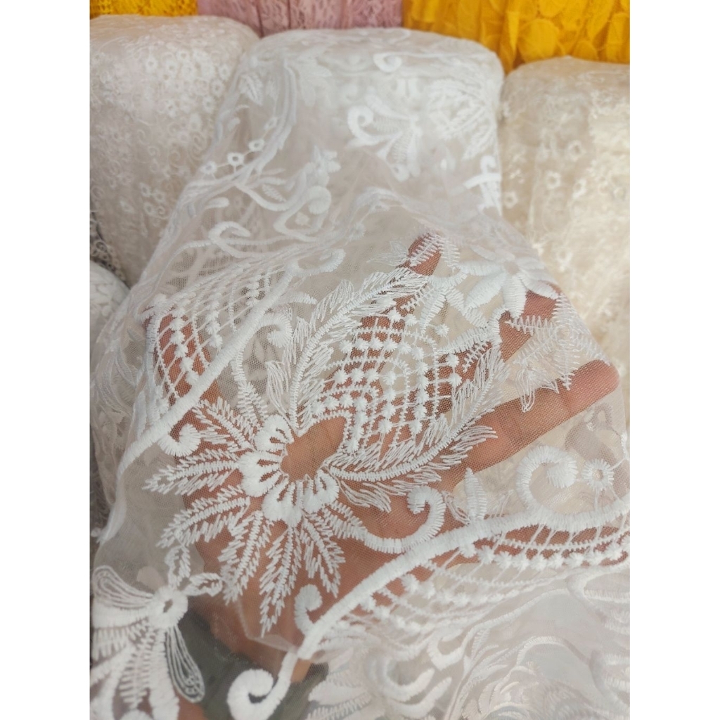 kain bordir Premium - kain tile bordir motif bunga -kain tile bordir butik - kain tile bordir (BW)kt