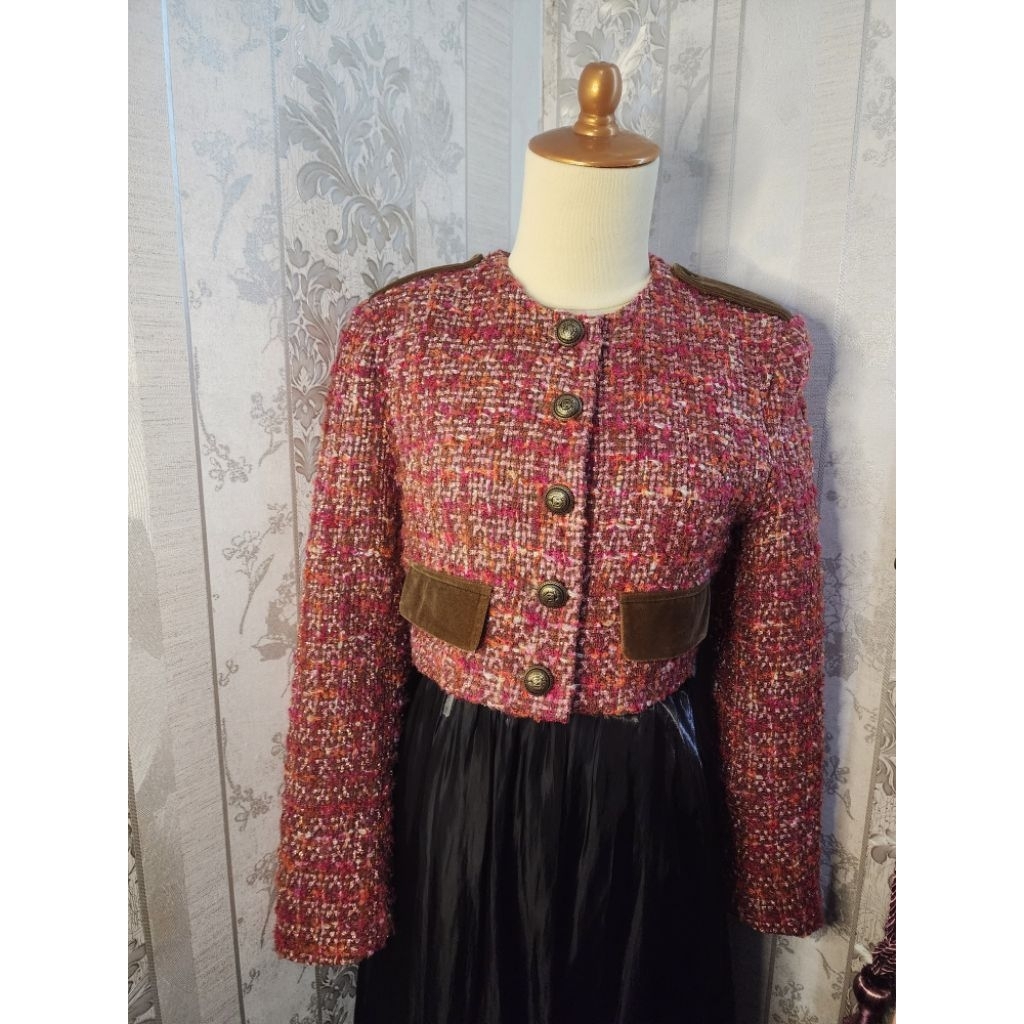 Blazer Tweed Crop Merah Orange Cokelat