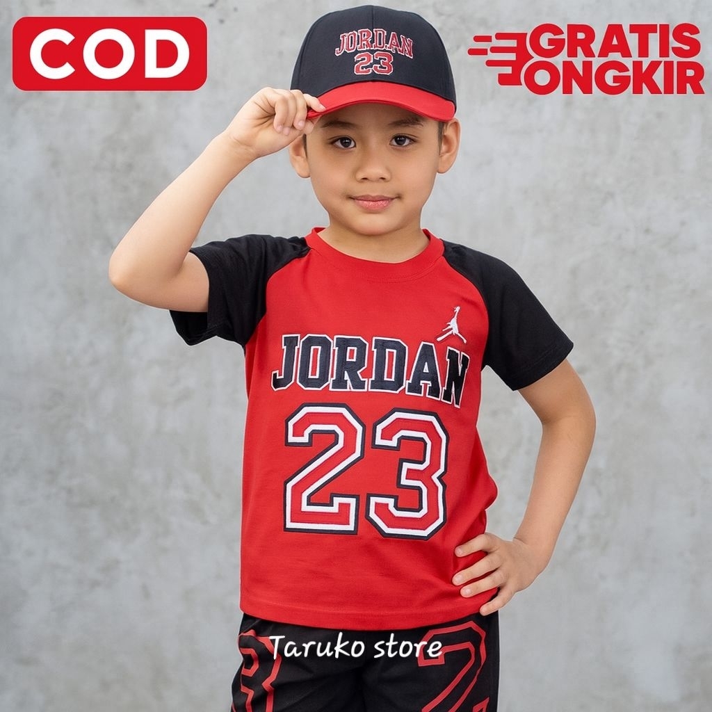 Setelan Baju Anak Laki Laki PerempuanJordan 23 Kaos + Celana Pendek + Topi Sporty Keren