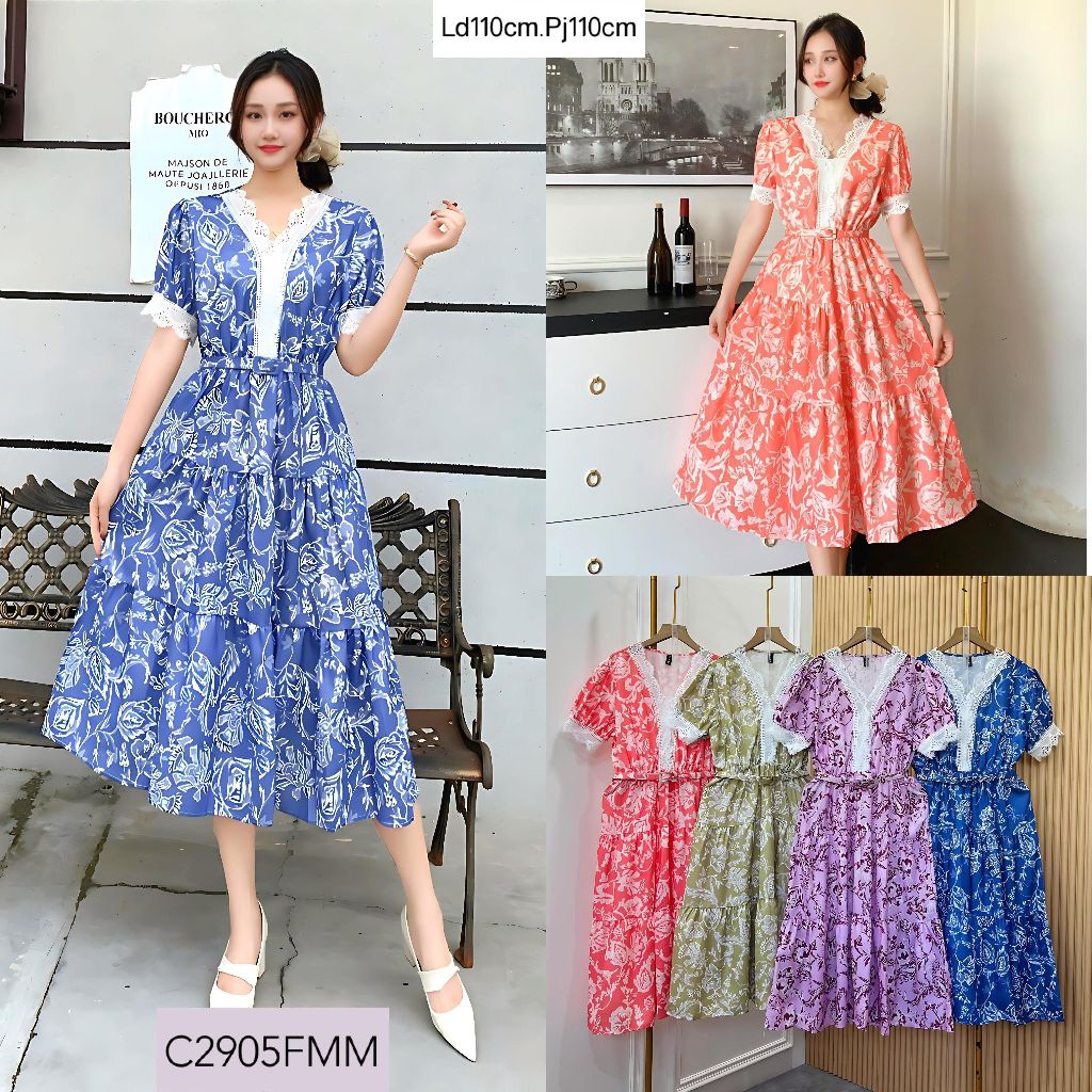 dress bangkok midi wanita import premium korean style motif bunga floral