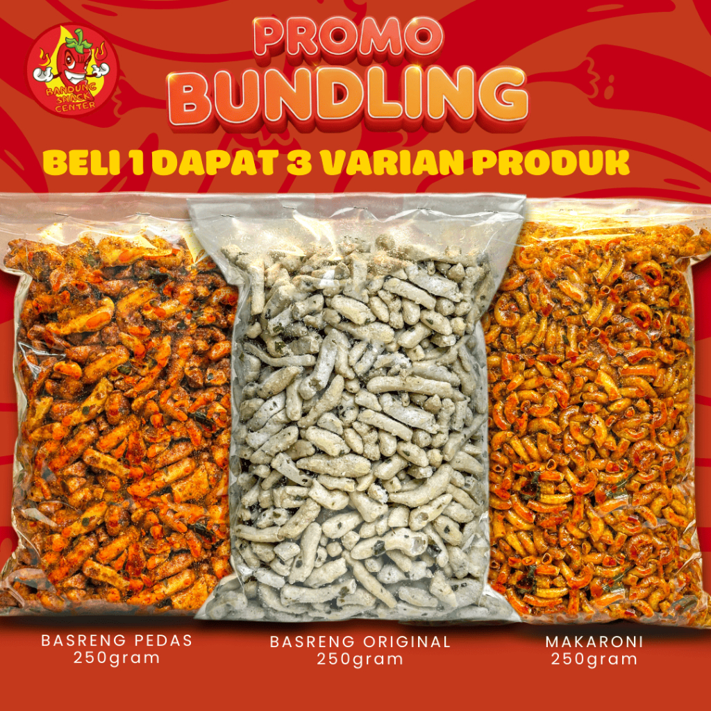

BUNDLING HEMAT BELI 1 DAPAT 3 - BASRENG PEDAS 250GR + BASRENG ORI 250GR + MAKARONI CIKRUH 250GR