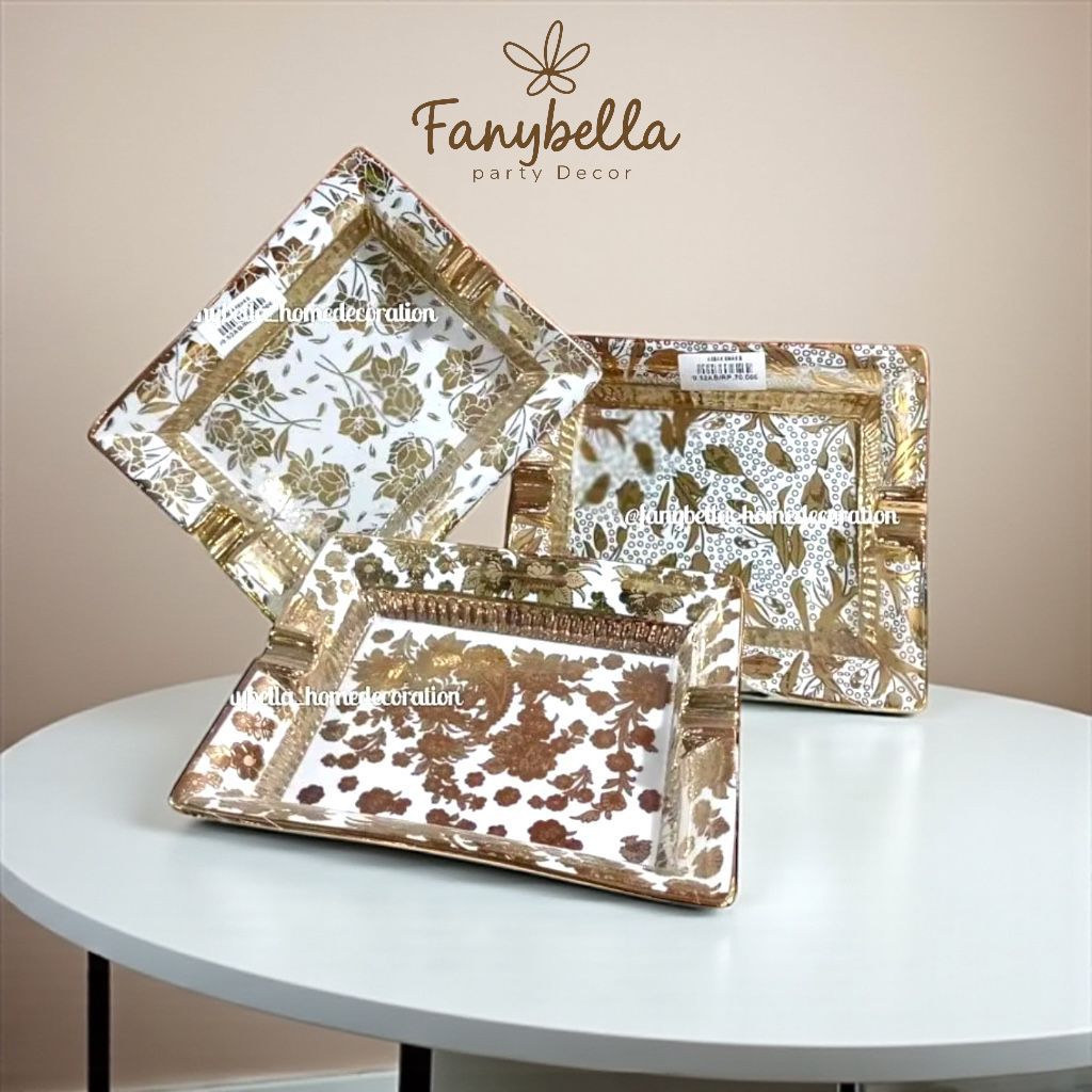 Asbak Kaca Keramik Ukuran 20 cm Emas Motif Bunga Gold Lining Dekorasi Rumah Import