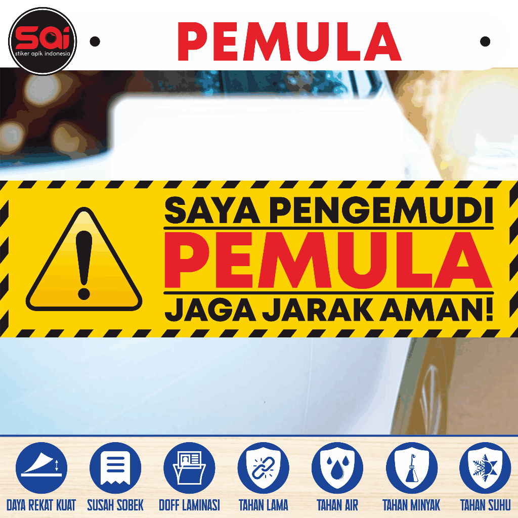 

Stiker vinyl waterproof / anti air PENGEMUDI PEMULA / BELAJAR STIR MOBIL / JAGA JARAK laminasi glossy