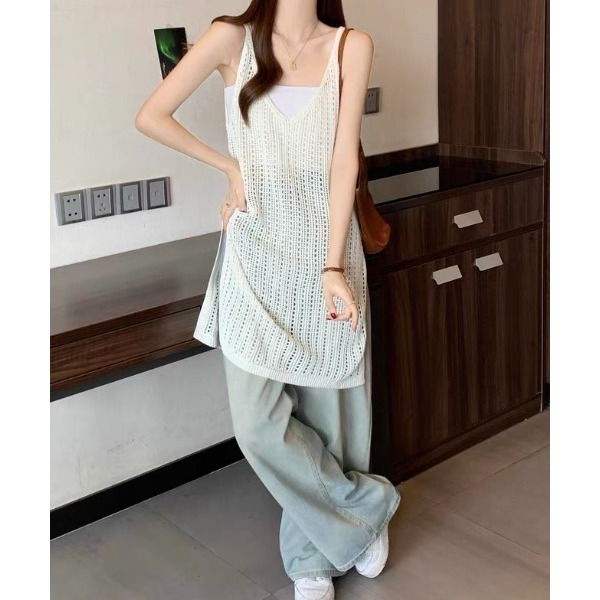 Atasan Outer Rajut Jaring Bolong Hollow Tanpa Lengan Panjang V-Neck