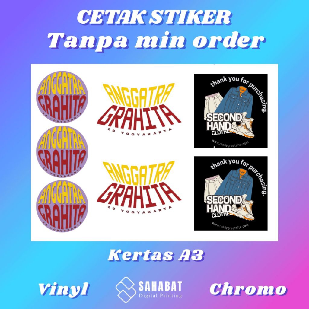 

Cetak Stiker Satuan Vinyl/Chromo Tanpa Minimal Order Free Desain Finishing Glosy