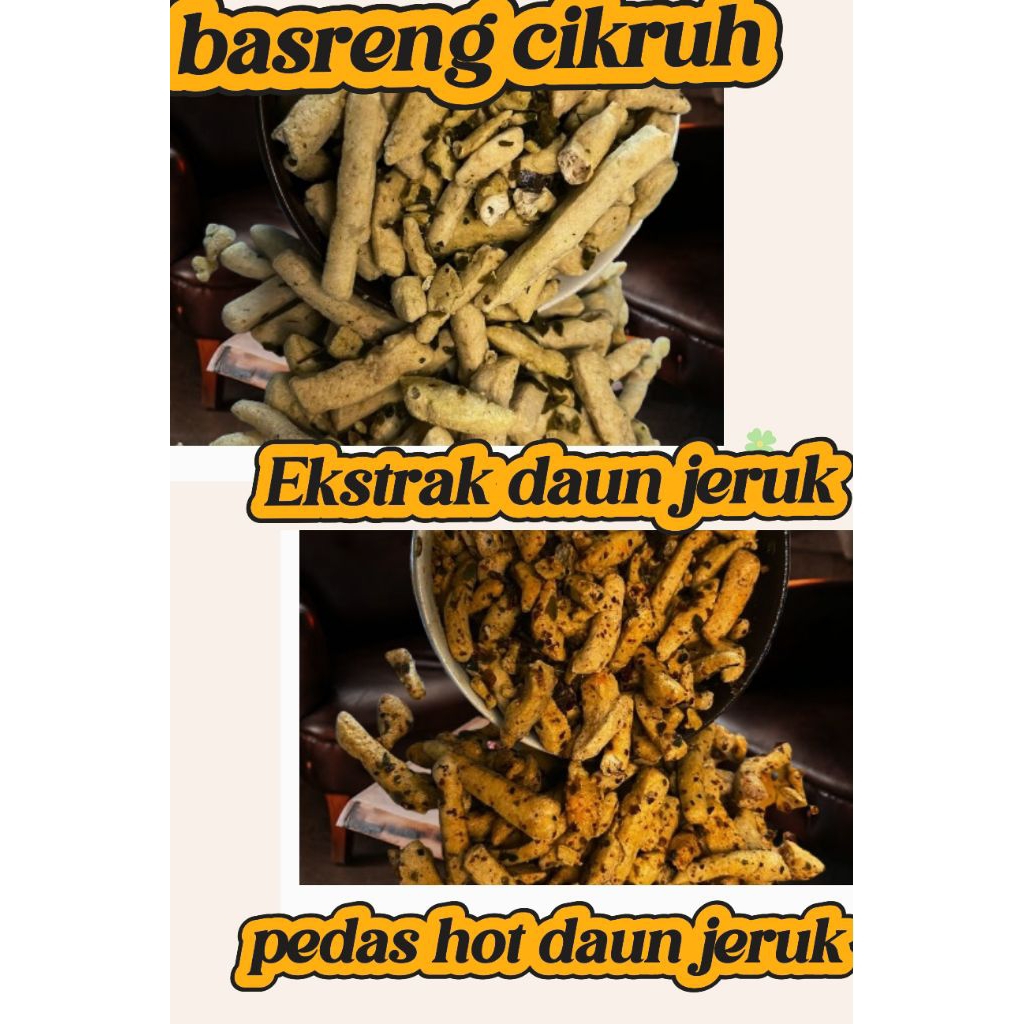 

Basreng Cikruh original dan pedas ekstrak daun jeruk, cemilan/snack/food