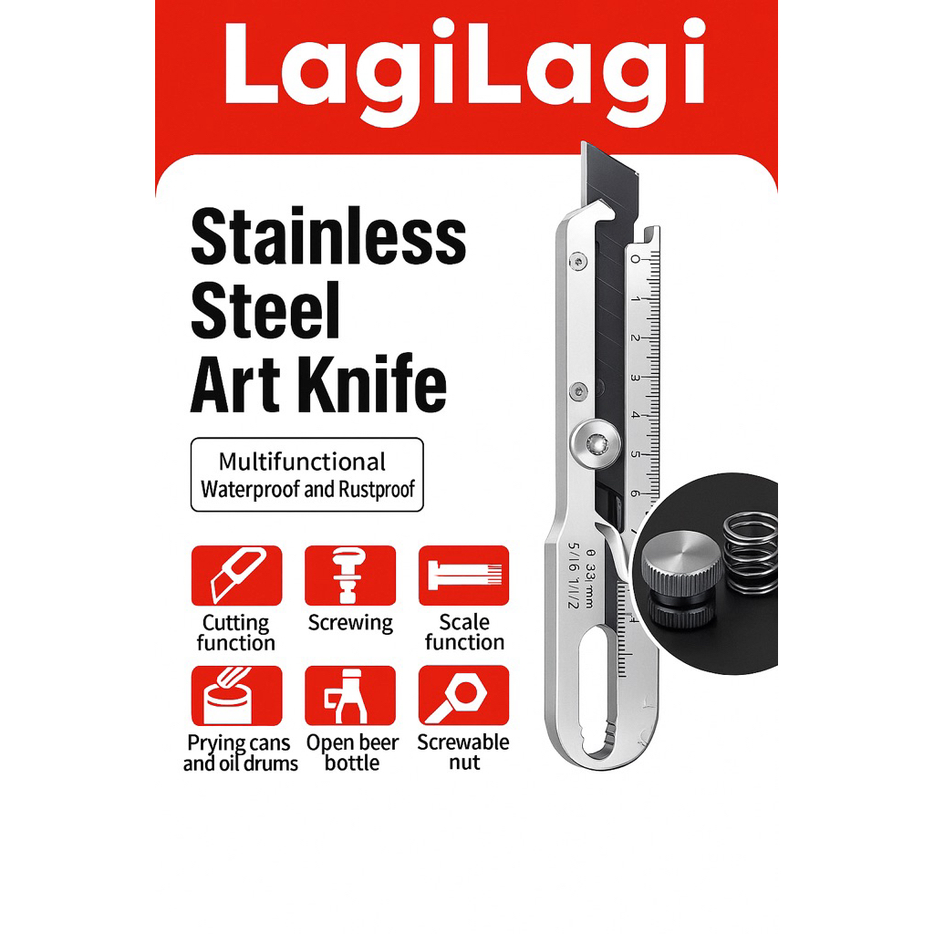 

Pisau Cutter Stainless Steel 9in1 Multifungsi | Pengencang Mur / Skrup | Pembuka Tutup Botol | Penggaris Kater Tajam