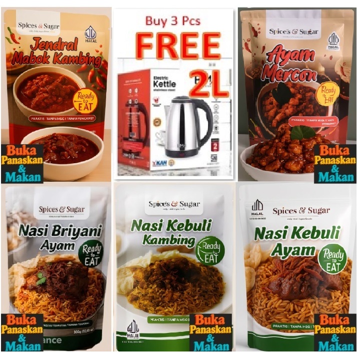 

Buy 3 Pcs Get Electric Kettle Free, Nasi Kebuli, Nasi Briyani, Jendral Mabuk Kambing, Ayam Mercon – Daging Kambing Empuk Berbumbu Rempah Khas – Makanan Siap Saji Pouch Praktis Tinggal Dipanaskan & Siap Santap