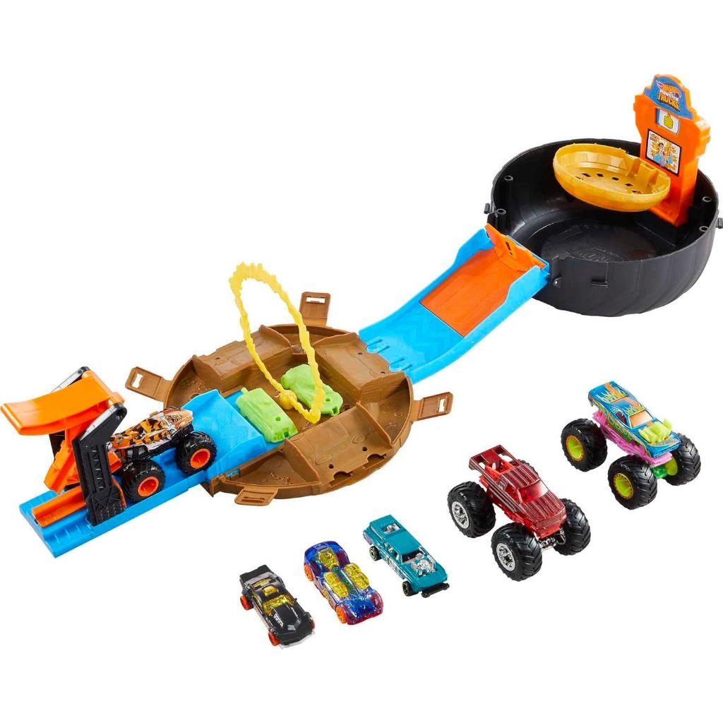 TERJAMIN ASLI SET MAINAN TRUK MONSTER HOT WHEELS, KOTAK BERBENTUK BAN BERUBAH MENJADI ARENA BALAP, 3