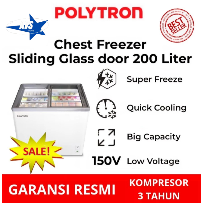 POLYTRON CHEST FREEZER SLIDING GLASS 200LITER PCF 229 BOX PEMBEKU TUTUP KACA GESER