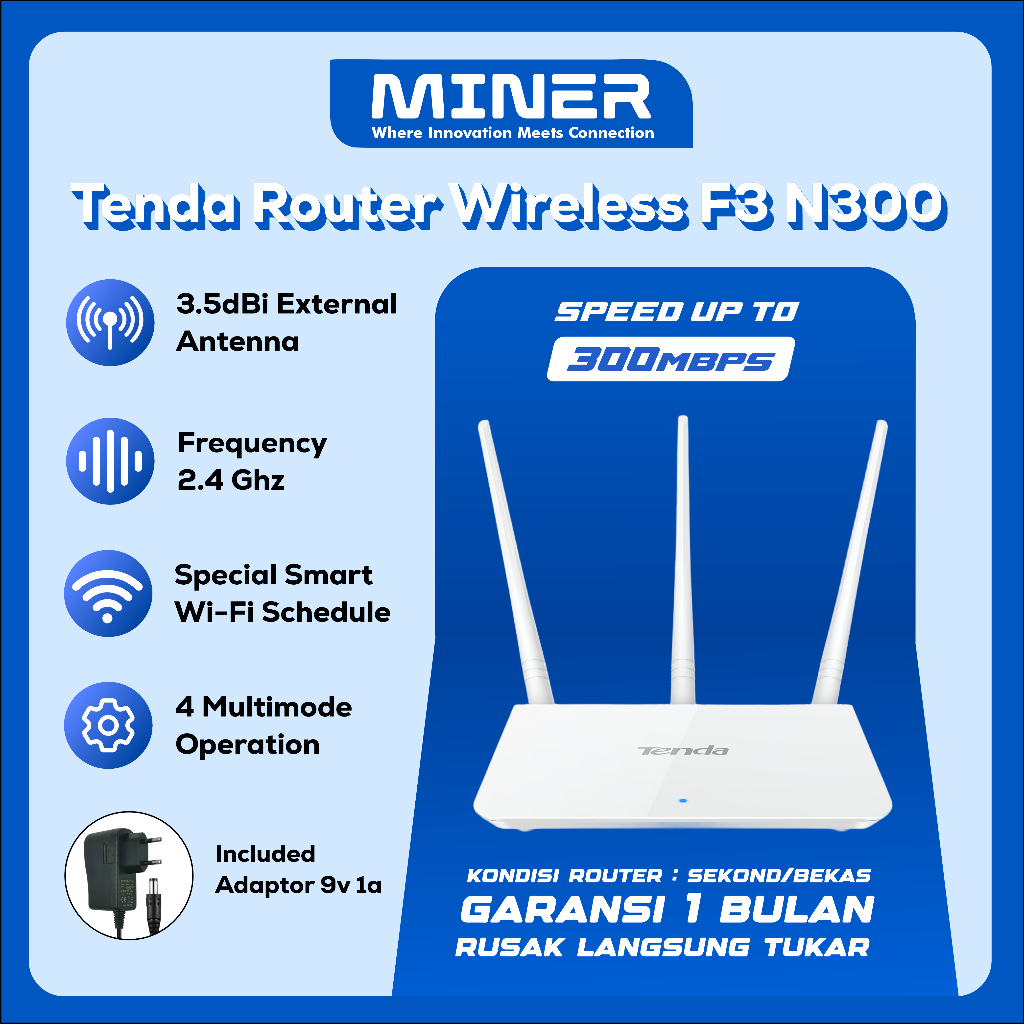 Router Wireless Tenda F3 N300 3 Antena Access Point 300 Mbps 2.4Ghz