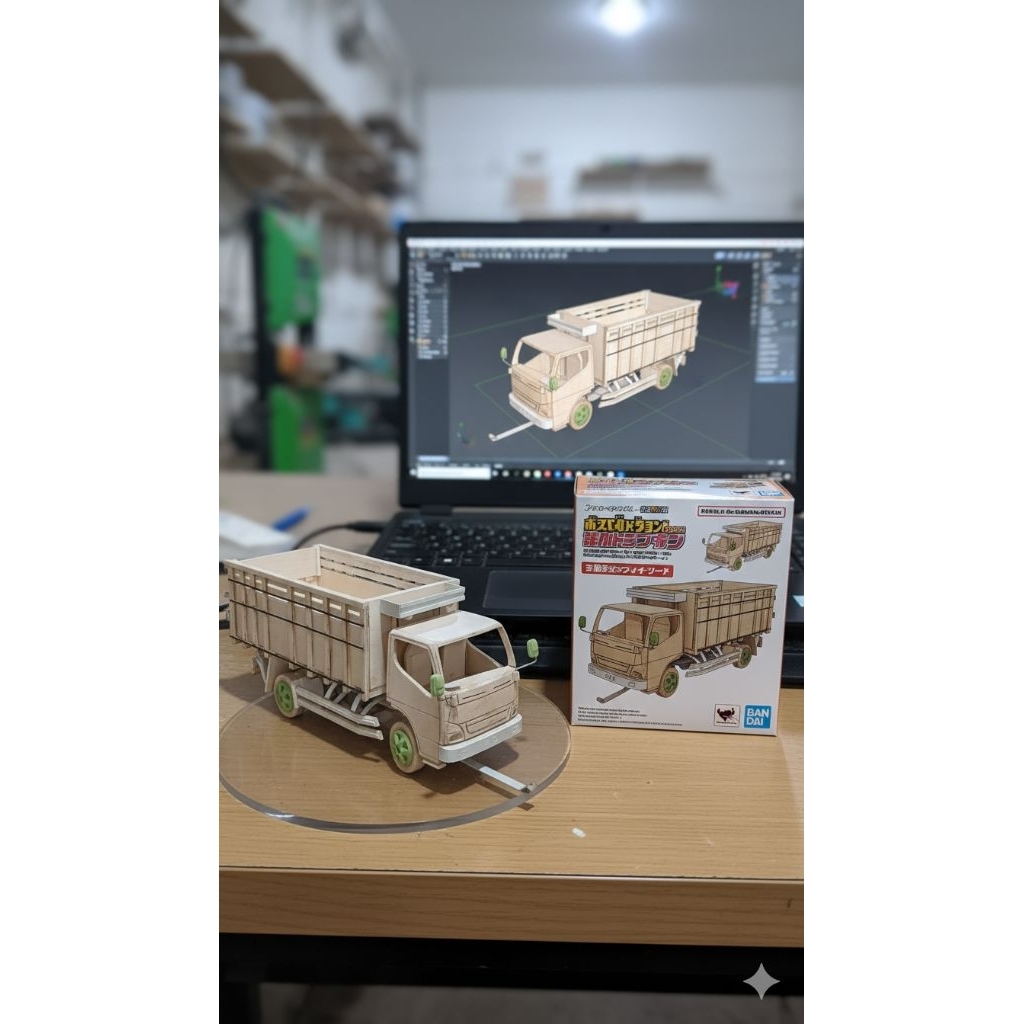 Miniatur truk oleng kayu skala 14 ban bisa belok pintu bukaan