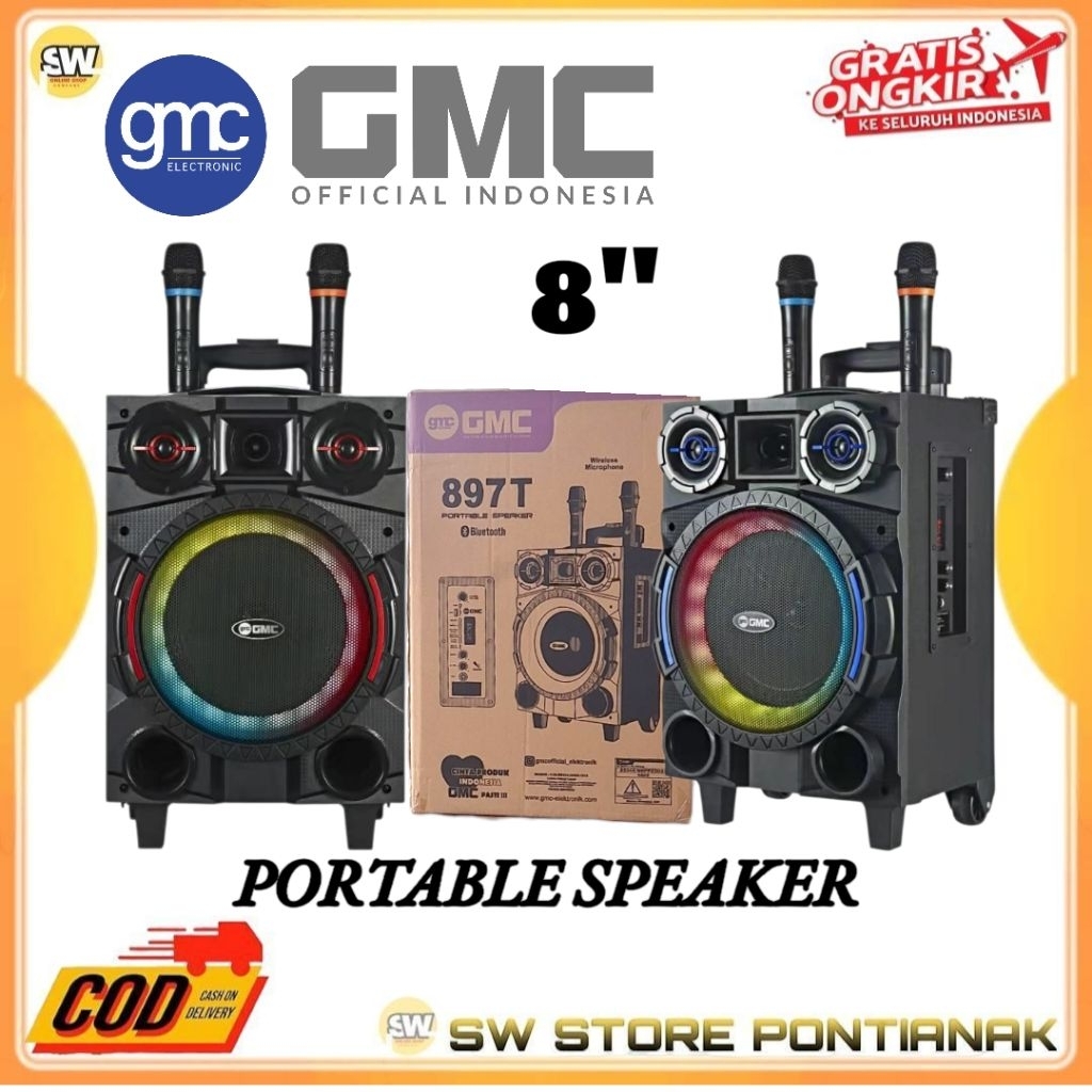 GMC 883 T  8" BLUETOOTH SPEAKE PORTABLE / SPEAKER BLUETOOTH GMC 8 INCH BONUS 2 MIC WIRELESS BASS / S