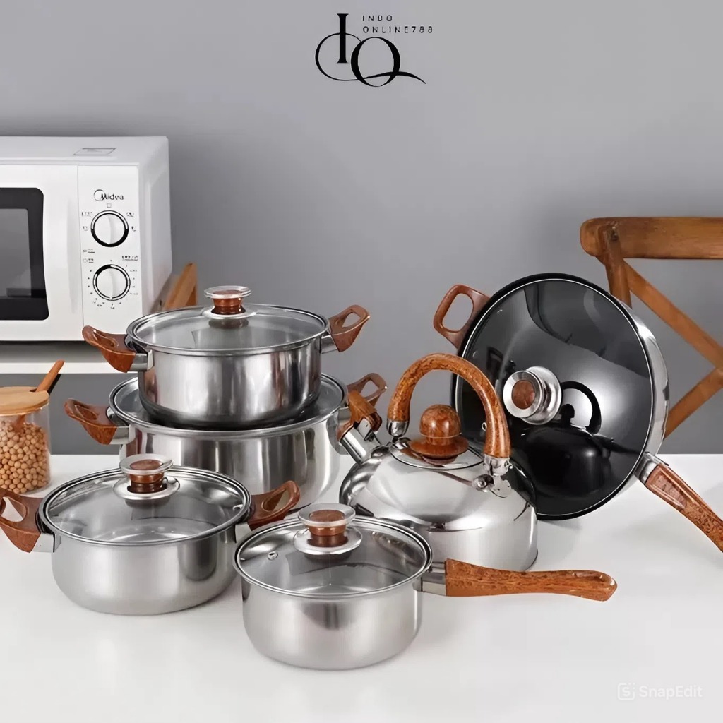 Panci Set Anti Lengket Panci Set Stainless Steel 12 Pcs Dengan Teko Panci Serbaguna