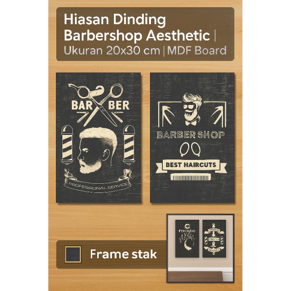 Hiasan Dinding Barbershop Retro Vintage Aesthetic | Wall Art Poster Cukur Rambut | MDF Board 20x30 c