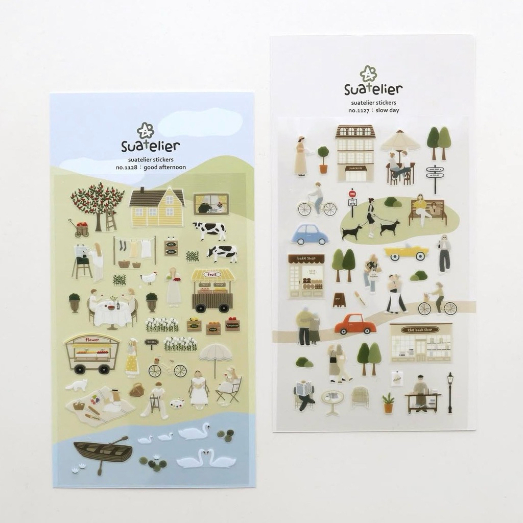 

Suatelier Daily Deco Sticker - cars street food campus murmur splish splash! lazy sunday work and work good morning! slow day good afternoon under the sea cat’s catch grandma home grandpa’s room vintage house kissaten a green alley umm umm umm my kitchen