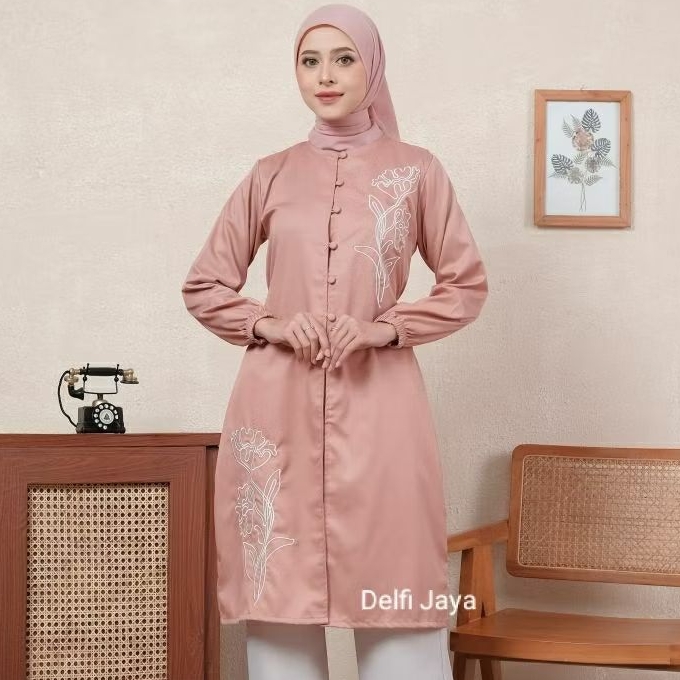 Delvi- Nameera Tunik Pakaian Wanita Terbaru Tunik Bordir Bunga Atasan Tunik Wanita Bordir