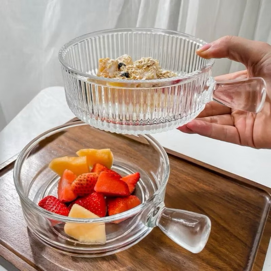 MANGKUK KACA DIAMETER 15.5 CM GLASS BOWL GAGANG PEGANGAN SAYUR WADAH TEMPAT LAUK POLOS BERGERIGI EST