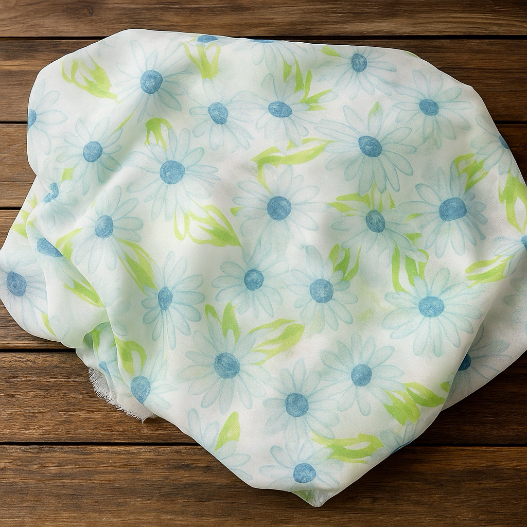 Kain Sifon Ceruty Motif Bunga Daisy Biru Putih – Bahan Flowly, Ringan & Elegan