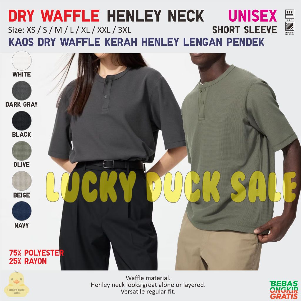 UNIQLO Dry Waffle Henley Neck Shirt Kaos Kerah Kancing Lengan Pendek Unisex