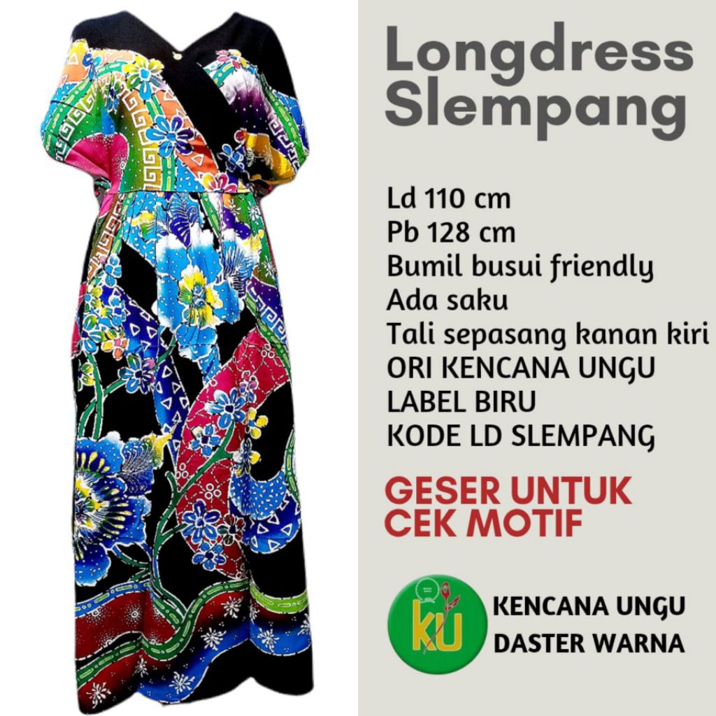 Baju Daster Panjang Lengan Pendek Longdress Slempang Tali Samping Batik Kencana Ungu Label Biru