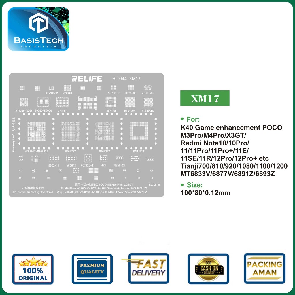 STENCIL PLAT CETAKAN IC BGA CPU REBALLING RELIFE RL-044 XM17 - TIANJI 700 - 810 - 920 - 1080 - 1100 