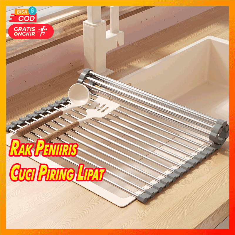 Rak Pengering cuci piring lipat multifungsi bahan stainless ukuran 50 x 30 cm | Rak Peniris cucian w