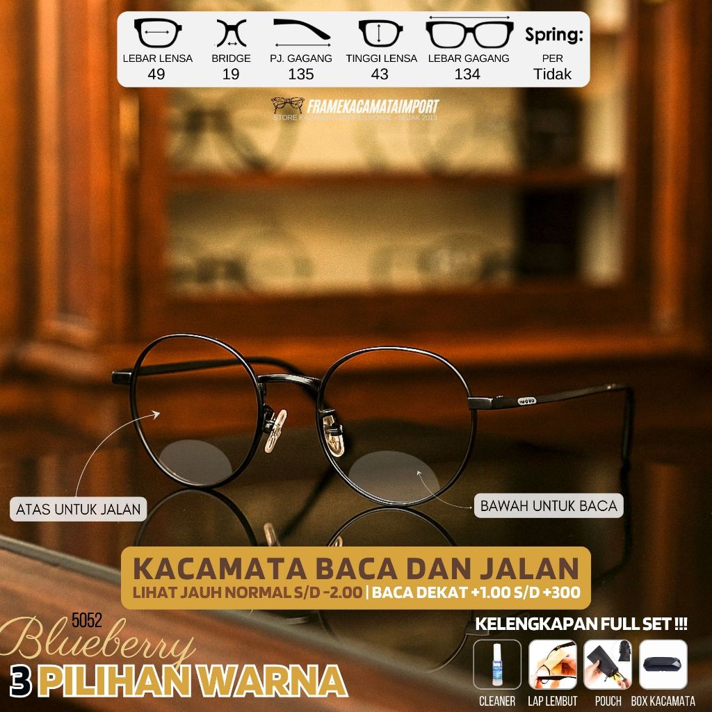 Kacamata Baca Dan Jalan Double Fokus Bulat Besi Klasik Plus +100 s/d +300