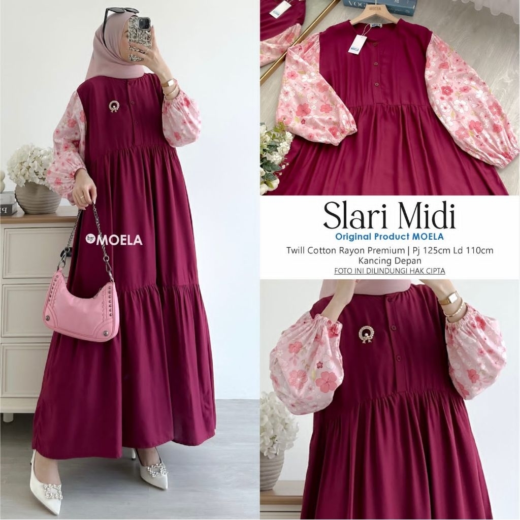 STOK BANYAK MIDI DRESS RAYON MOELA / KHUSUS BURGUNDY MAROON 110 BUSUI DERIM NUSIS NIRMA SLARI SIHENA