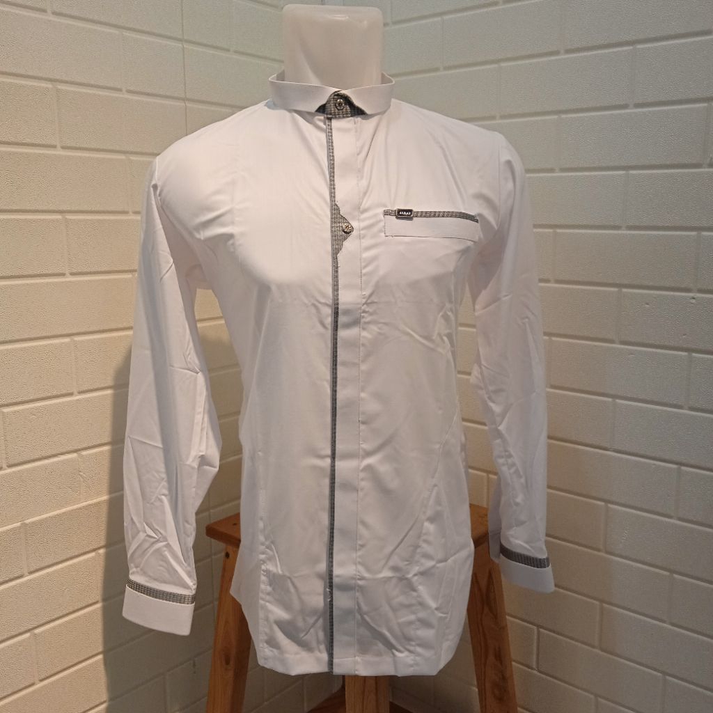 Baju Koko Busana Muslim Pria Alraz Tipe Nadhir Warna Putih Polos Kancing Full Lengan Panjang Manset