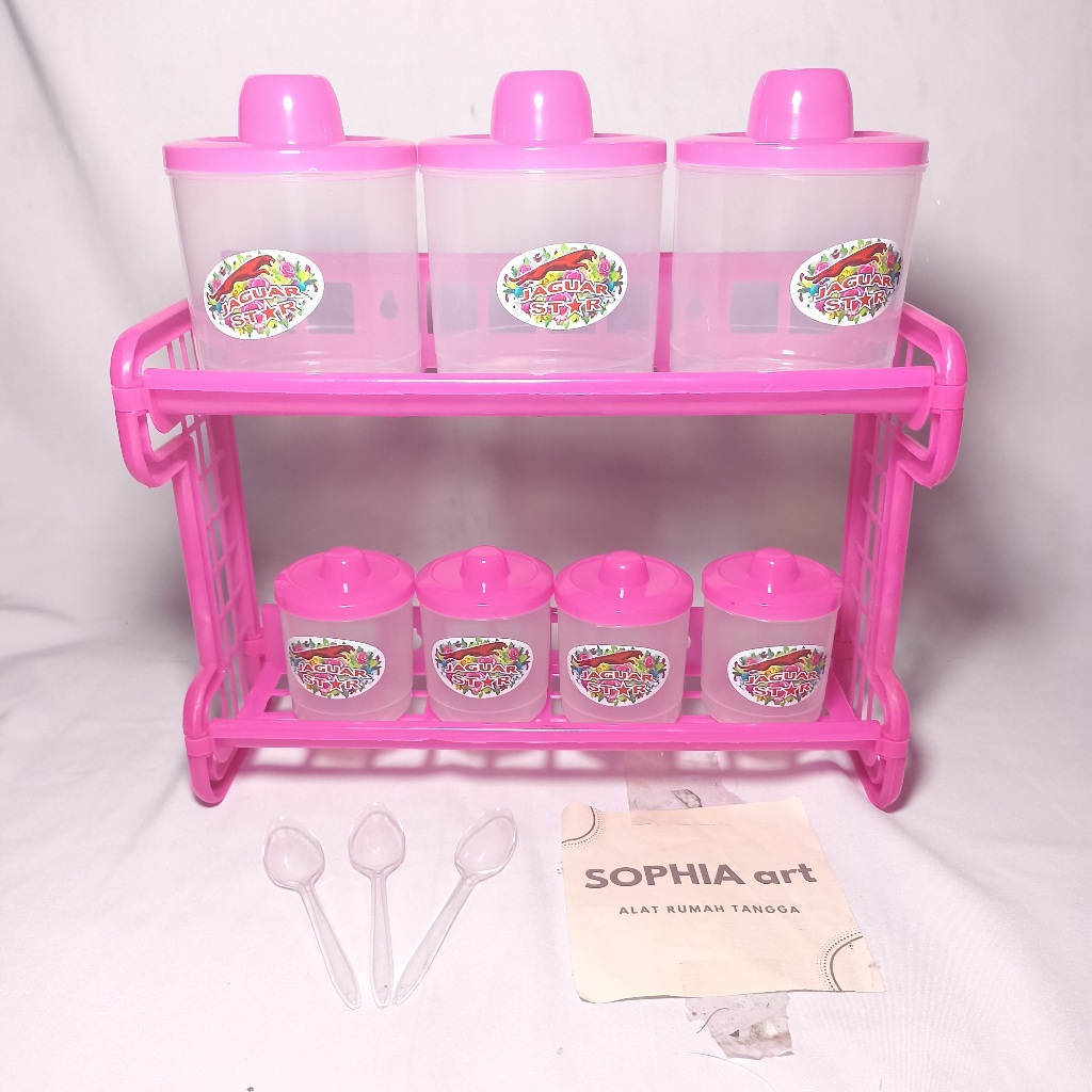 RAK BUMBU DAPUR 1 SET SUSUN 2 FREE SENDOK WADAH PLASTIK TEMPAT TOPLES PERABOT MULTIFUNGSI RUMAH TANG