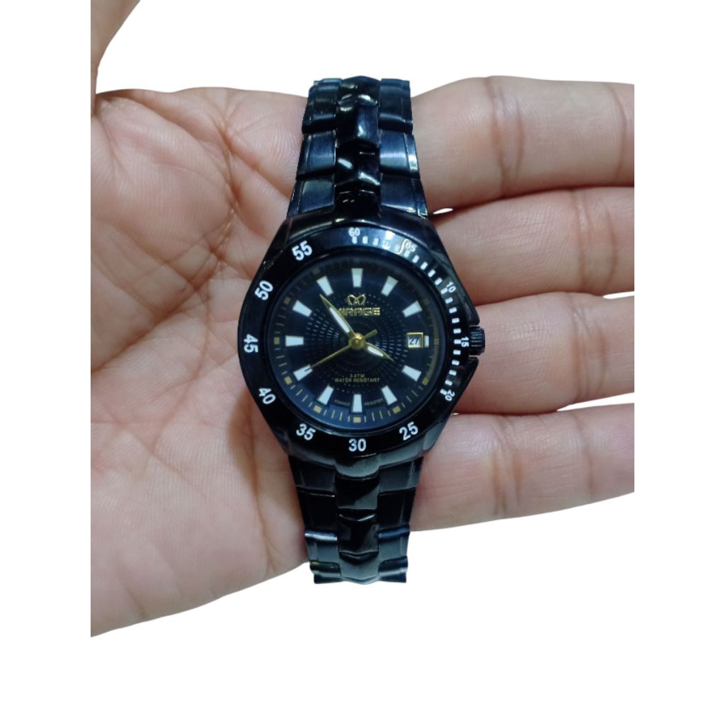 JAM TANGAN WANITA/PRIA MIRAGE M 7411 BRP ORIGINAL RANTAI TALI HITAM STAINLESS STEEL WATER RESISTANT 