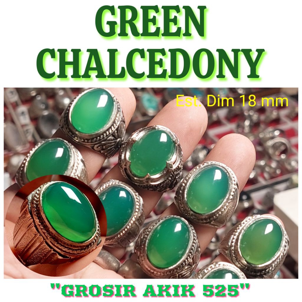 Cincin batu green chalcedony 18mm / batu hijau garut asli natural