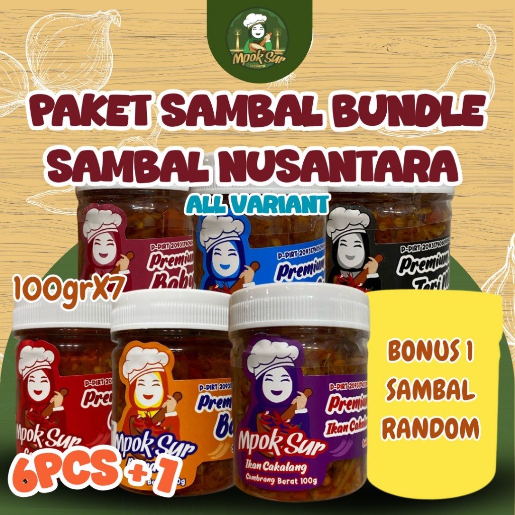 

Mpok Sur - Paket Rasa Nusantara Semua Varian Sambal Sambel Bawang Geprek Teri Medan Cakalang Kecombrang Cakalang Baby Cumi