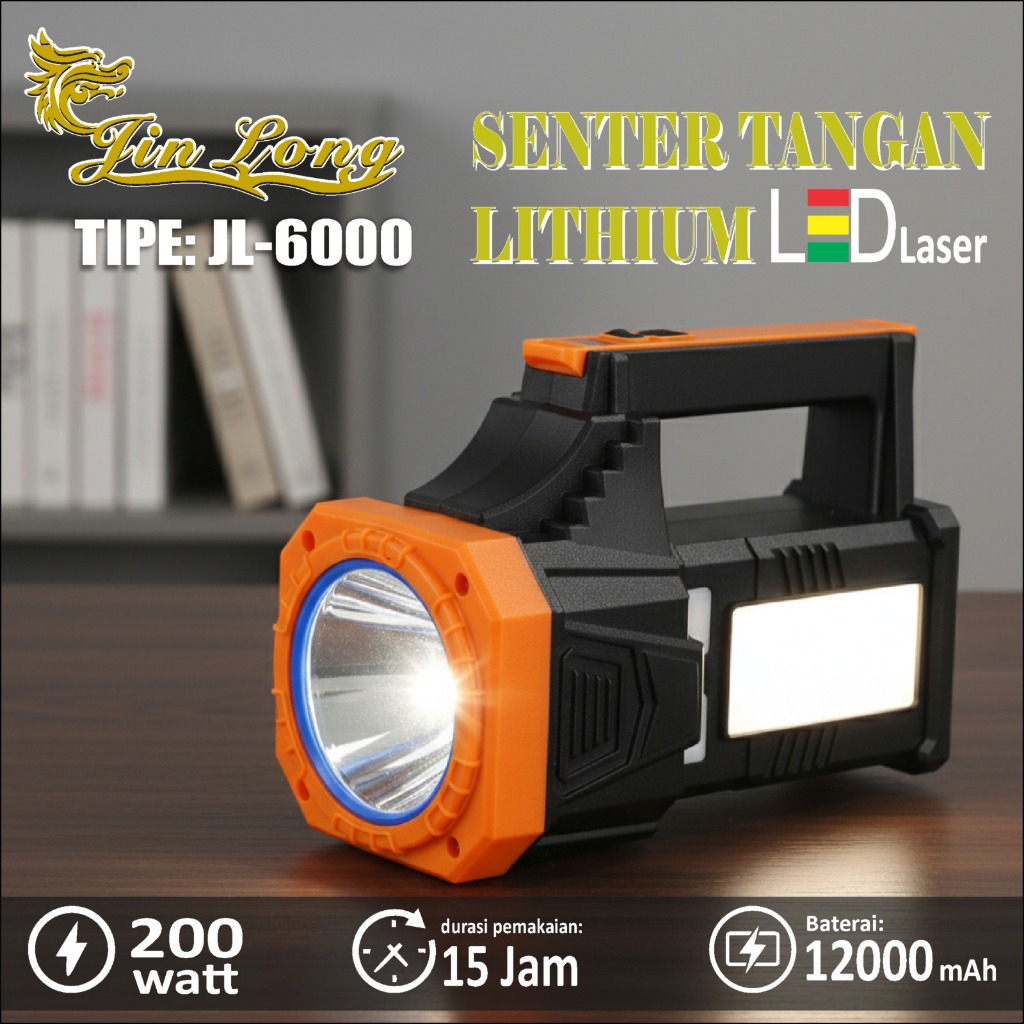 Senter Tangan Lithium LED Laser Jinlong JL 6000 200Watt Baterai 12000 mAh Waterproof Cahaya Super Te