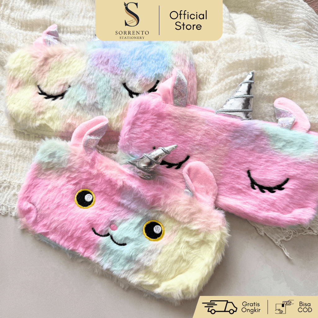 

Kotak Pensil Bulu Gradasi Warna Unicorn dengan Tanduk Silver