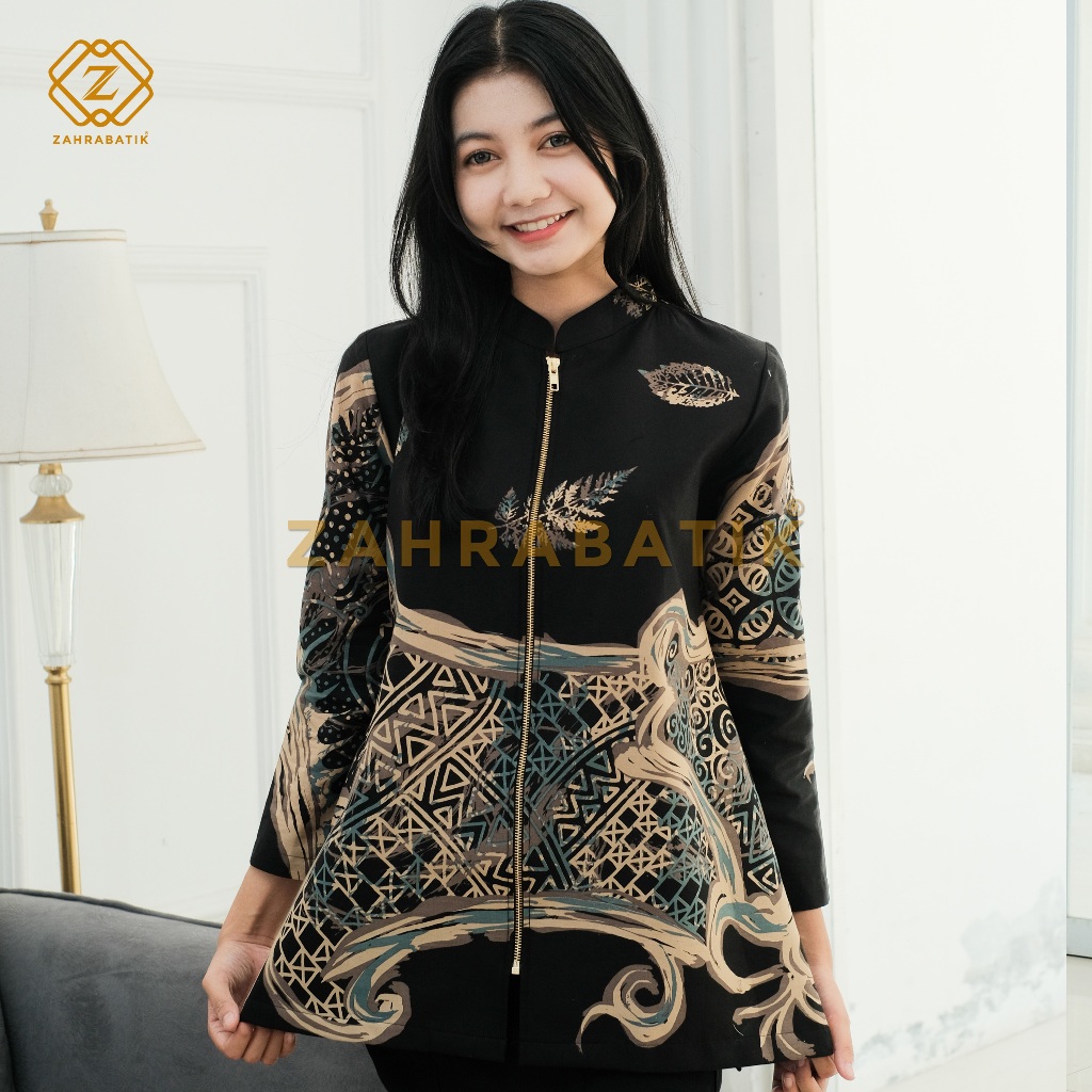 Batik Zahra-Tunik Wanita-Motif Kalpataru Warna Hitam Mint