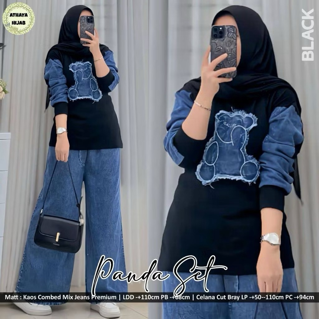 Setelan Jeans Atasan Combed 24s Serut, Celana Jeans Kulot cutbray, Setelan Celana jeans Wanita Terpo
