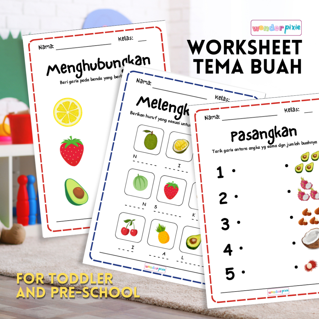 WP - Worksheet Buku Lembar Aktivitas Anak | Worksheet Tema Buah TK | Belajar Buah & Warna
