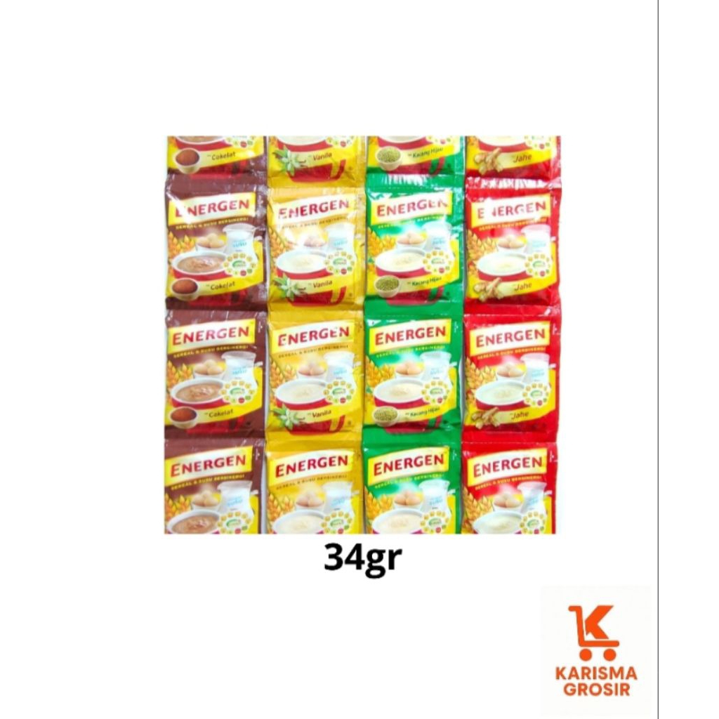 Energen 34gr, ecer, 1 sachet (Coklat, Kacang Hijau, Vanilla)