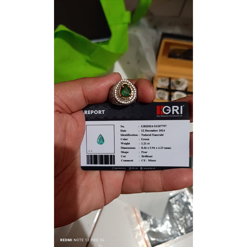 natural emerald plus memo gri minor clarity plus ring perak double zircon handmade