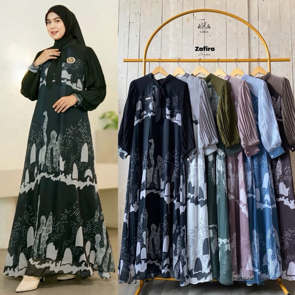 Zafira dress by Layka/gamis printing mewah/bisa cod/gamis lengan balon plisket