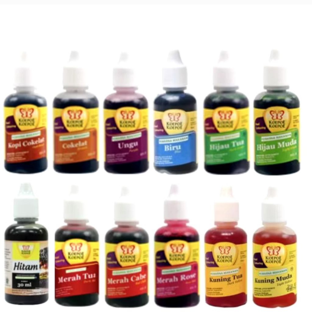 

Pewarna Koepoe Koepoe Merek Kupu - Kupu Makanan & Minuman 30 ml – Biru, Hitam, Ungu, Oranye, Merah Cabe, Merah Muda, Cokelat, Cokelat Tua, Hijau Tua, Hijau Muda, Kuning Telur, Kuning Muda, Kuning Tua