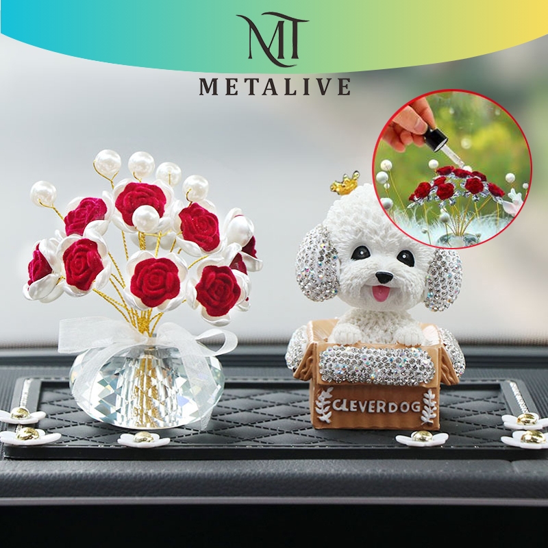 METALIVE Dekorasi Mobil Kreatif Bunga Mawar Romantis Kristal Pajangan Aksesoris Dashboard Kaca Mobil