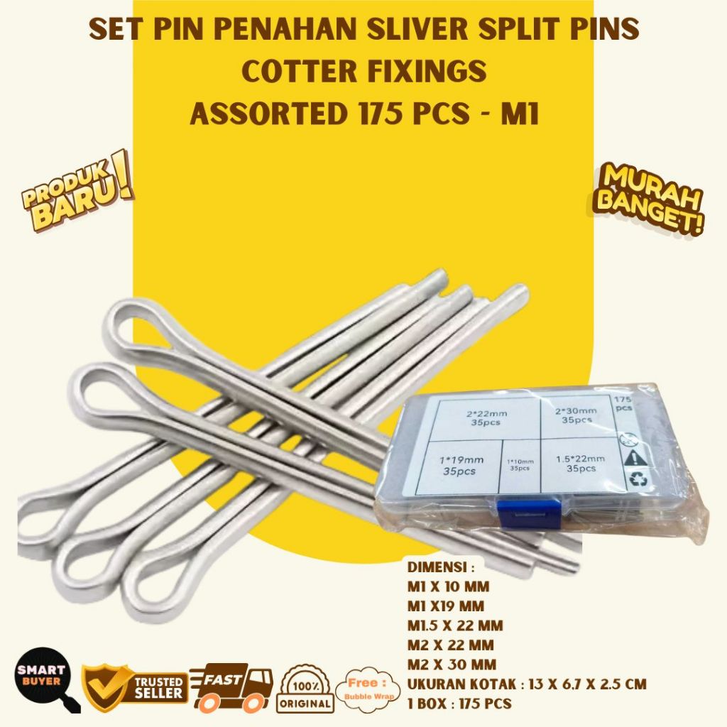 

Set Pin Penahan Sliver Split Pins Cotter Fixings Assorted 175 pcs M1 Lengkap Variatif