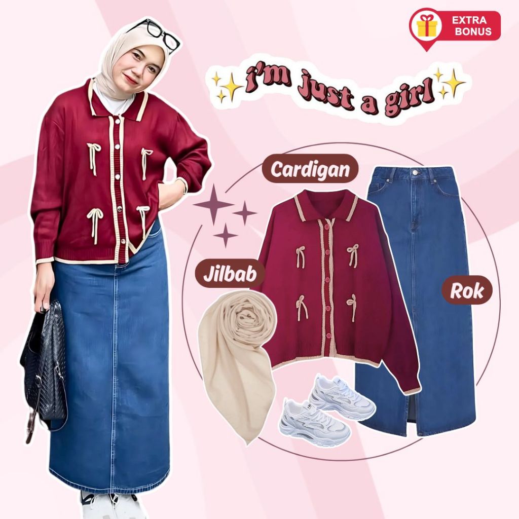 One Set 3in1 Cardigan Keiko Rok Jeans Hijab Segi Empat Bella | OOTD outfit wanita cewek anak remaja 