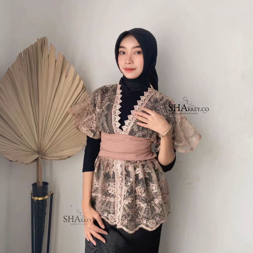 [Shakkey.Co] Atasan Lula Brokat Kondangan Lula Wanita Lengan Pendek Bahan Brokat free Belt Atasan Ko